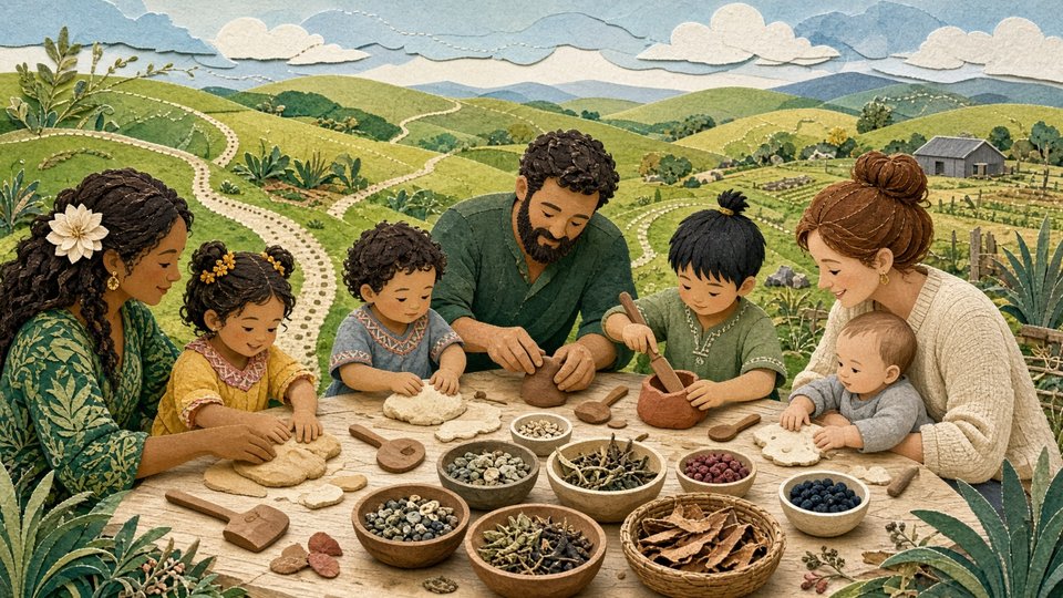 Whānau sharing tactile play in an illustrated rural landscape