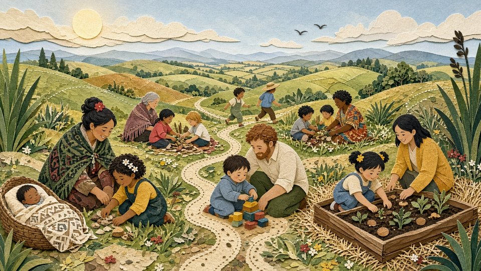 Illustrated play paths across a rural field