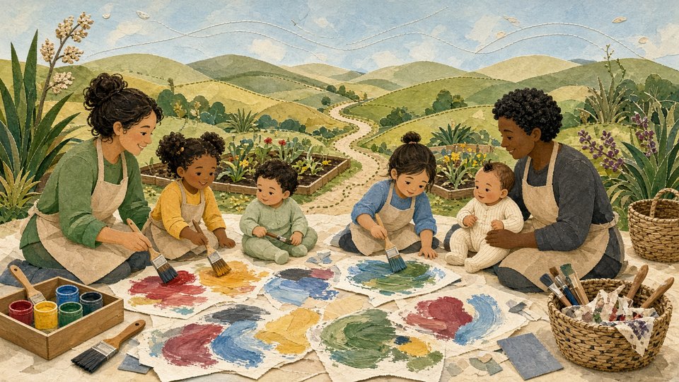 Caregivers and children gathered across a field atlas