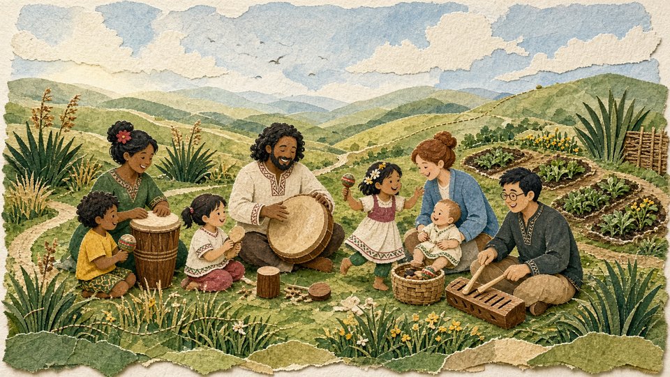 Caregivers and children gathered around an illustrated play invitation