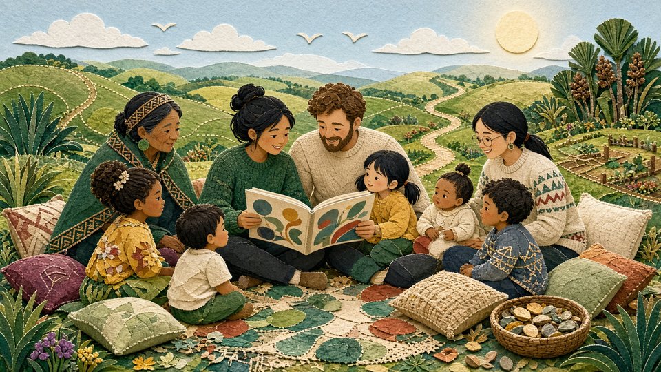 Adults and children sharing an outdoor story