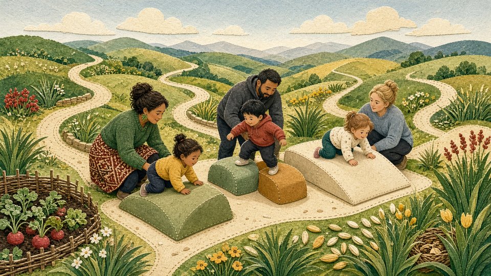 An illustrated field path leading through shared learning spaces